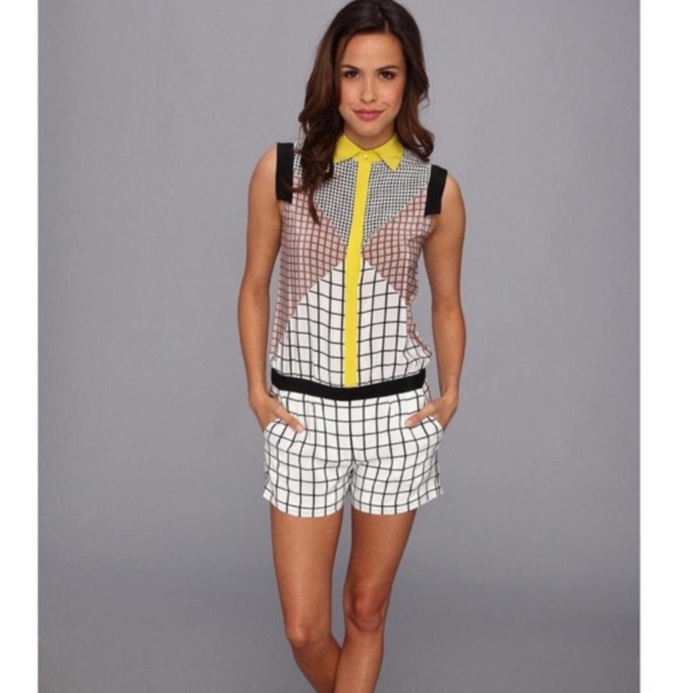 TRINA TURK EUC Silk Geometric Checkered Romper Playsuit